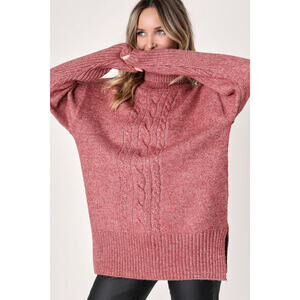 Lulus Winter Days With You Rose Heather Cable Knit Turtleneck Sweater Pink